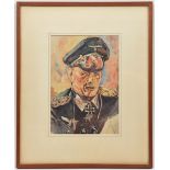 A watercolour portrait of Erwin Rommel, attributed to Lt. Col Burmingham, 7” x 10”, in window