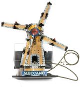 A Meccano windmill. Built as a shop display and featuring a motor and working lights. Mounted on a