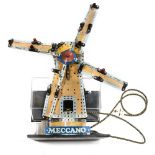 A Meccano windmill. Built as a shop display and featuring a motor and working lights. Mounted on a