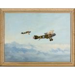 An oil painting on board of two Bristol Fighters by Barry Barnes (member of the Guild of Aviation