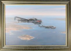 An oil painting on canvas of German WW2 bombers. Depicting 2 BF-1100-35 twin engined bombers of 4/ZG