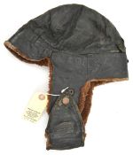 A fur lined leather helmet, of the type worn by aviators and motor cyclists, probably 1920’s. GC (