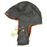 A fur lined leather helmet, of the type worn by aviators and motor cyclists, probably 1920’s. GC (