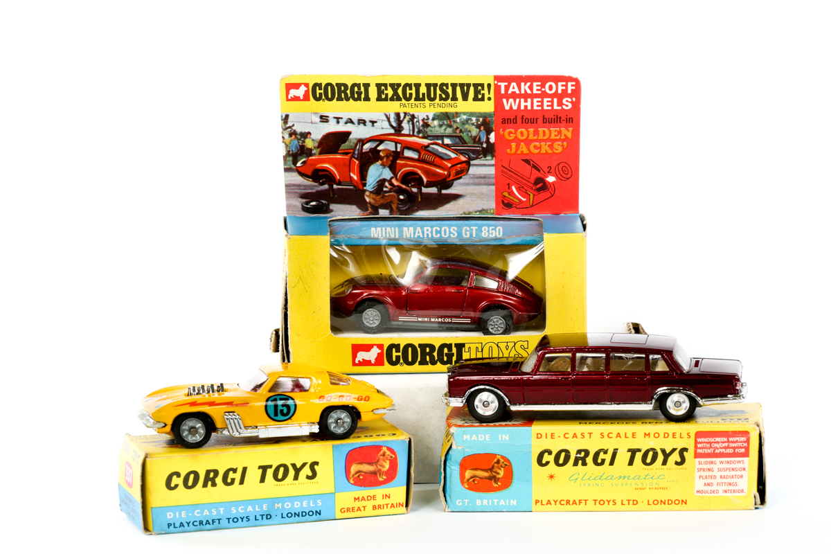 3 Corgi Toys. A Mercedes Benz 600 Pullman (247) in metallic maroon. A Chevrolet Corvette Sting