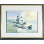 An original watercolour comprising a Squadron of Hawker Hunter aircraft by Hardy. 4 in formation