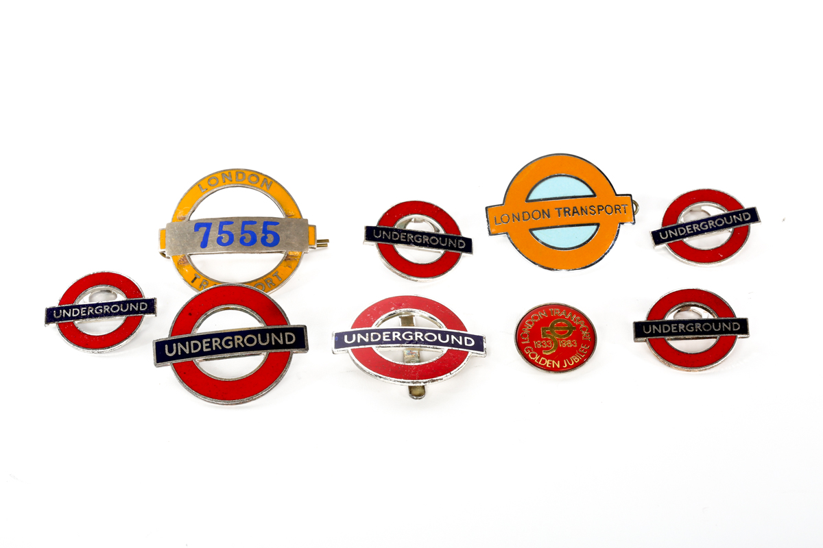 9 London Transport badges. 3 cap badges; a conductors badge and 2 platform staff badges and 6