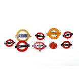 9 London Transport badges. 3 cap badges; a conductors badge and 2 platform staff badges and 6