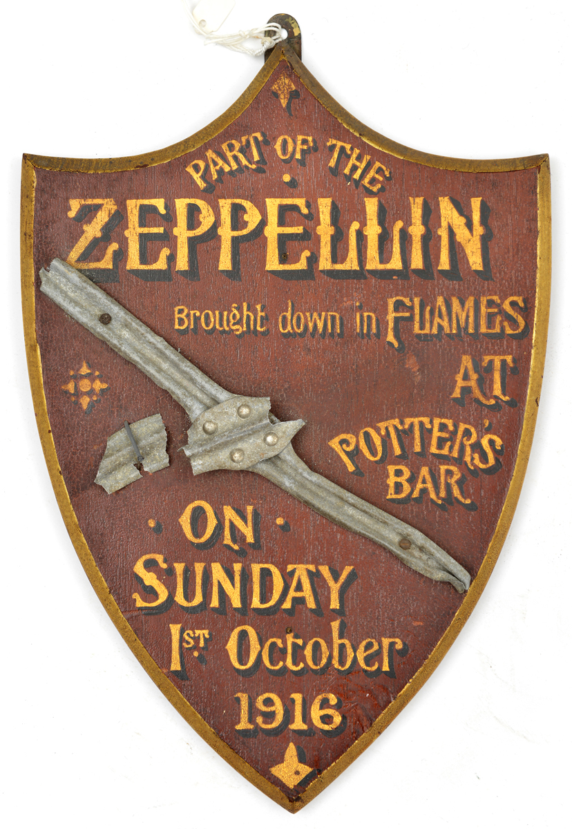 A portion of WWI Zeppelin which was shot down at Potters Bar on 1st October 1916, mounted on a