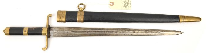 A continental hunting sword, DE fullered blade 17”, brass mounted hilt with flattened S shaped