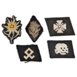 4 various Third Reich silk embroidered cloth patches: SS death’s head collar patch, Odel rune on