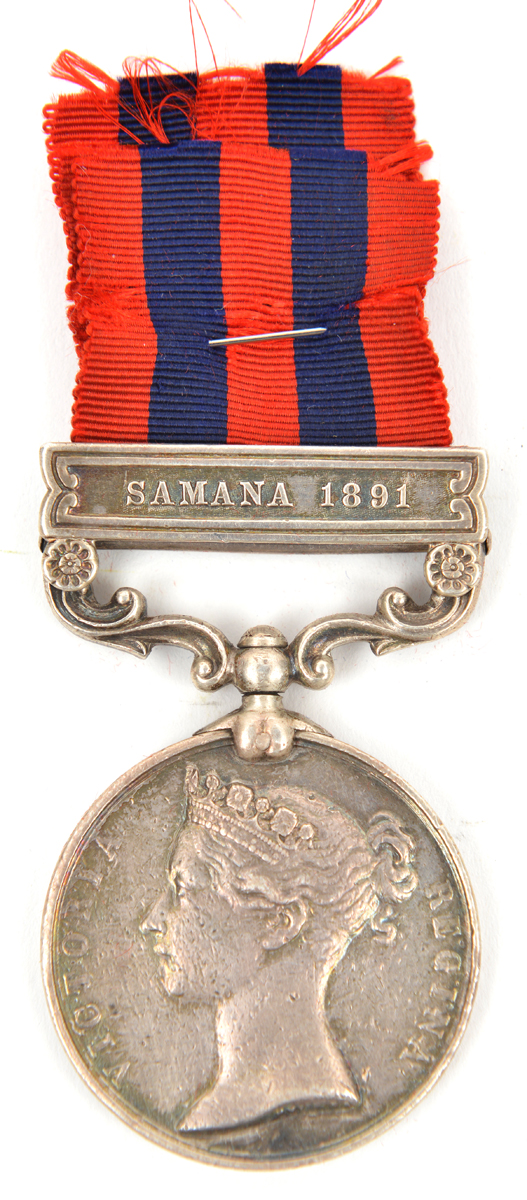 I.G.S. 1854, 1 clasp Samana 1891 (192[3, Colour] Serjt G Simpson, 2nd Bn Manch Regt), NVF (contact