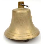 A pale coloured brass bell, etched with badge of the Hitler Youth and initials “A H S”, with iron
