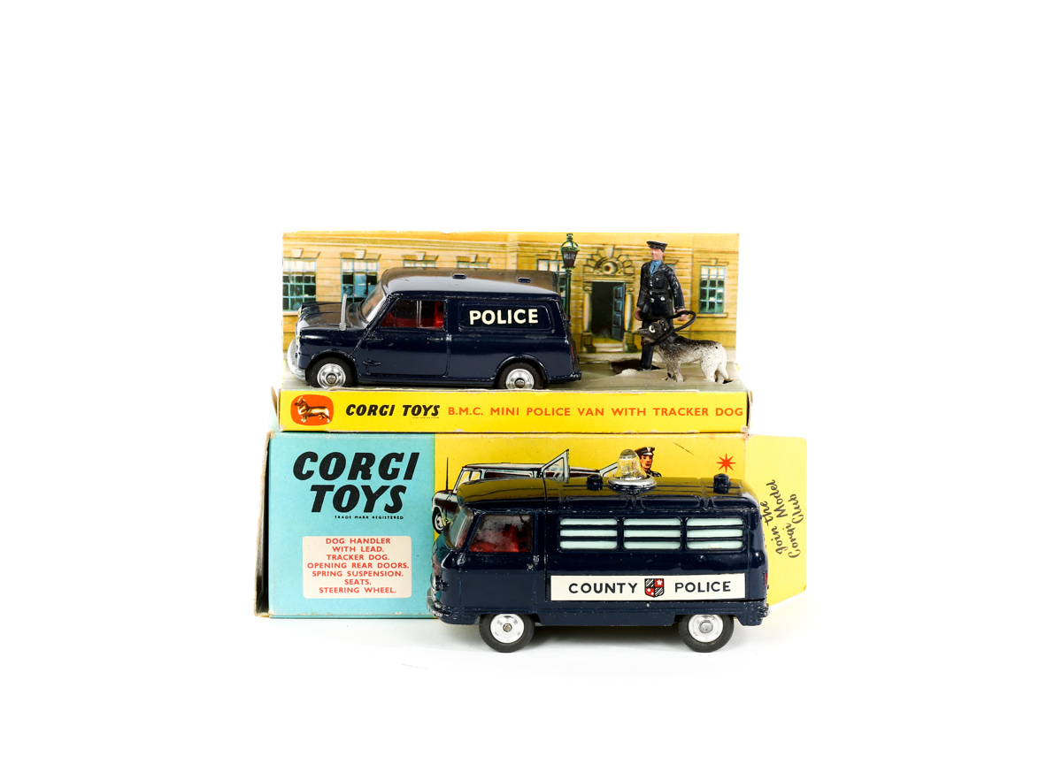 A Corgi Toys BMC Police Mini Van with Tracker Dog (448). Boxed with inner display stand, one end