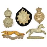 5 yeomanry NCO’s arm badges: WM Geo V N. Somerset, Yorkshire Dragoons, Staffordshire with Vic crown,
