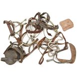 4 pairs jack spurs, with leather loops and 2 pairs box spurs; a leather sword knot; a pair of boot