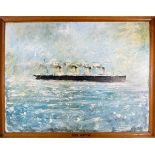 An original oil painting on board of the ocean liner RMS Olympic. Unsigned, however with typed label