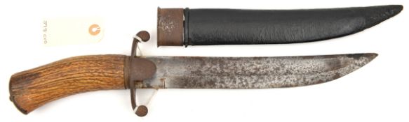 An Indian bowie type knife, shallow fullered blade 11”, steel crossguard with langets and down
