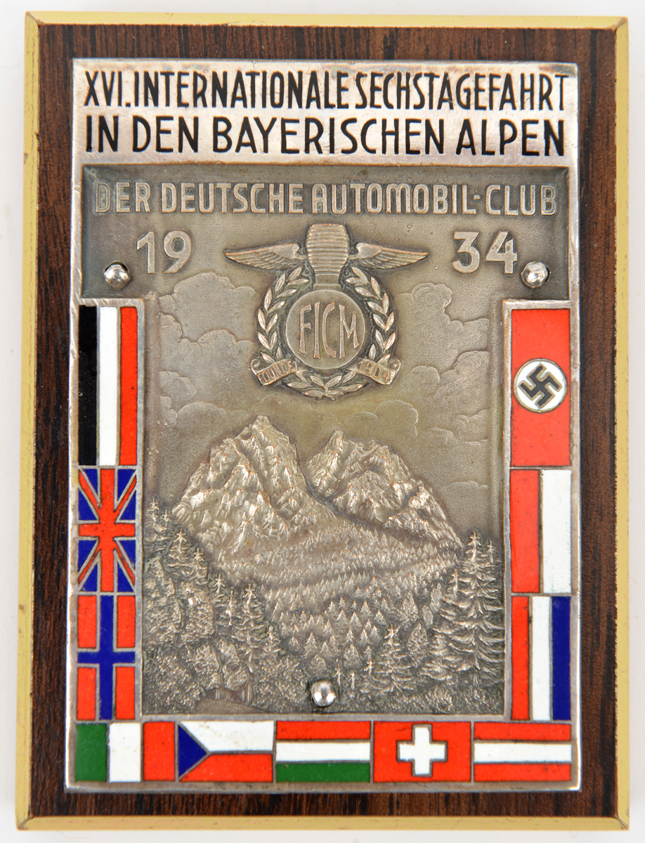 A Third Reich motorsport silvered and enamel rectangular plaque, 2½” x 3½”, embossed with the
