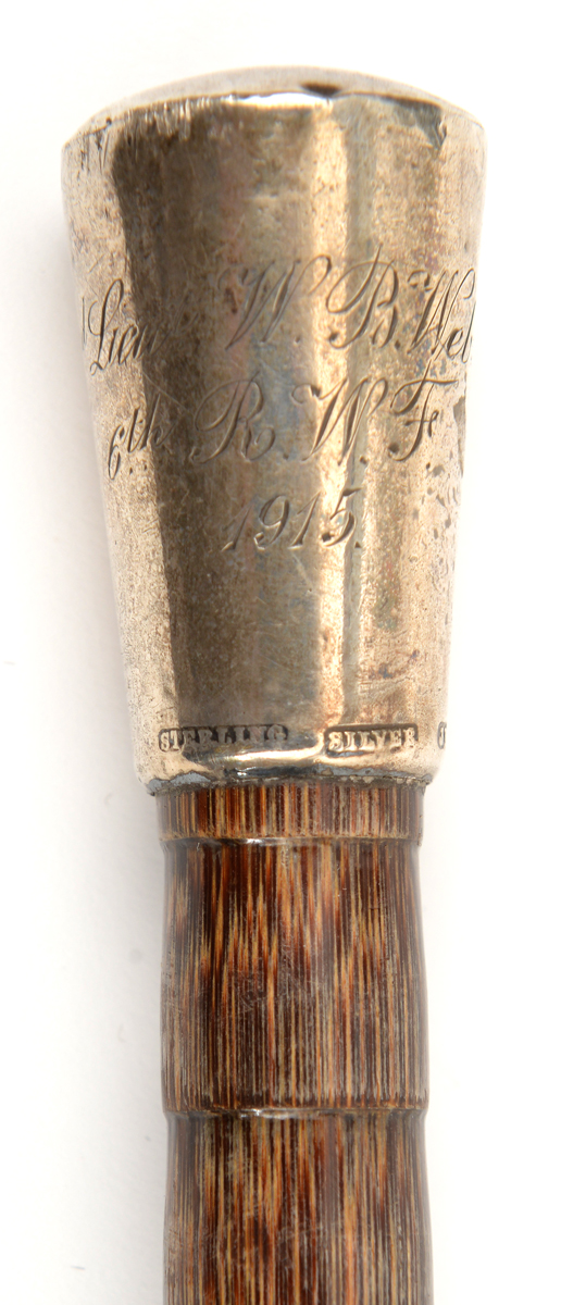 A WWI simulated polished malacca walking cane, inverted conical brass top script engraved “2nd Lieut - Image 2 of 2