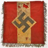A Third Reich Hitler Youth double sided trumpet banner, 17” x 18”, with mounted device and silver