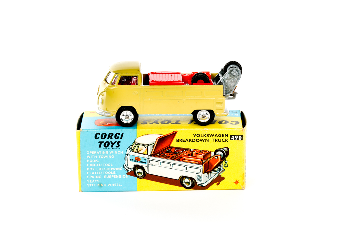 A Corgi Toys Volkswagen Breakdown Truck (490). An example in light olive green with red interior and