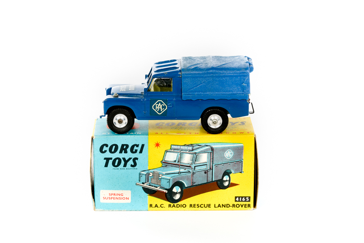 A Corgi Toys Land Rover (416S). An RAC Radio Rescue Land Rover in blue with plastic canopy. Yellow