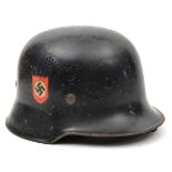 A Third Reich lightweight double decal steel helmet of Police type, black painted finish with