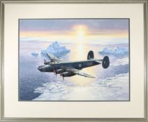 A watercolour painting of an RAF Avro Shackleton. A reconnaissance aircraft B-228 flying low over