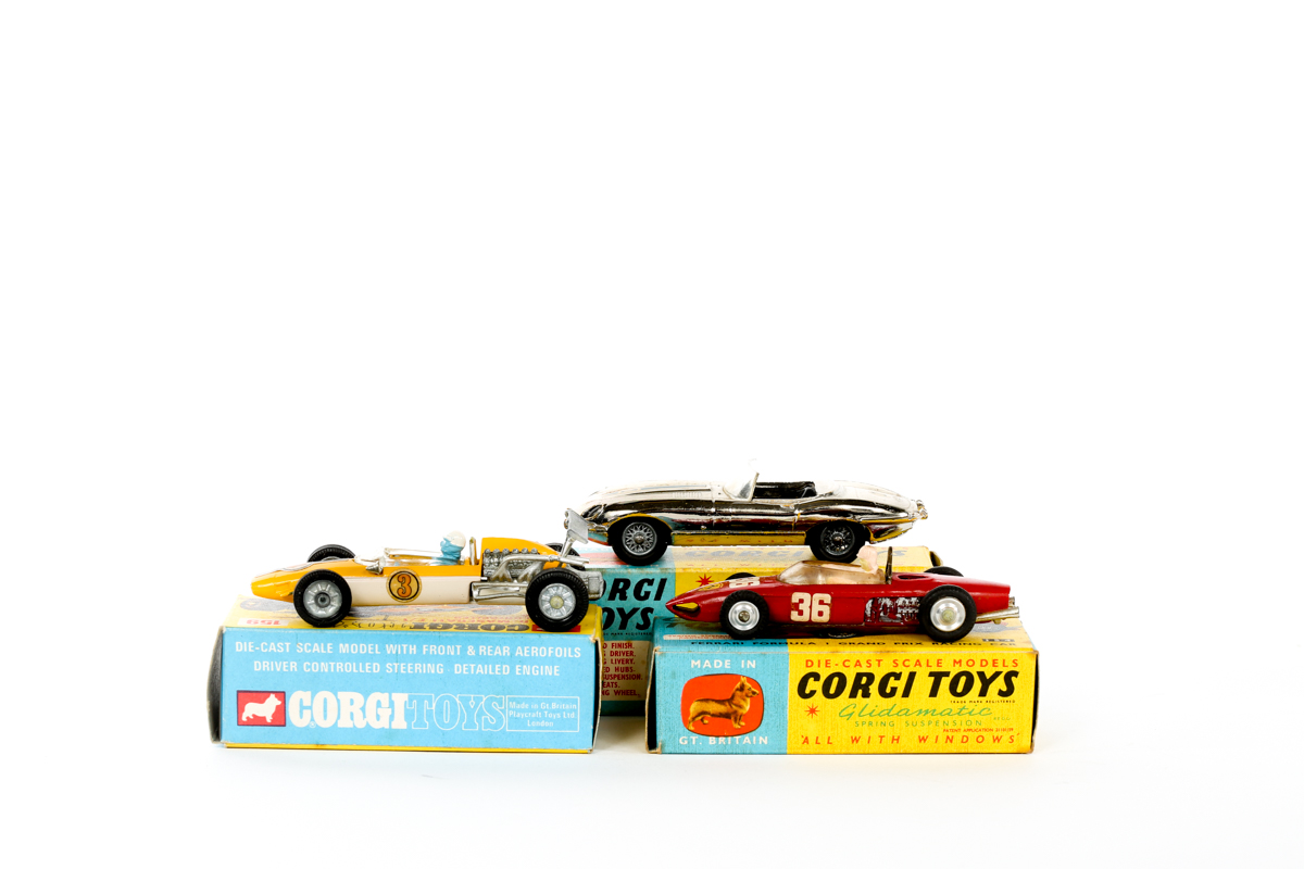 3 Corgi Toys. A Cooper-Maserati F1 (159) in yellow and black, RN3, with instructions and inner