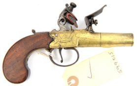 A 48 bore brass barrelled and brass framed flintlock boxlock pocket pistol c 1800, 6” overall,