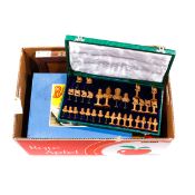 6x board games. Including; an unusual well-carved wooden Far-Eastern chess set with pieces depicting