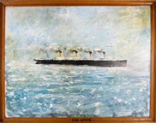 An original oil painting on board of the ocean liner RMS Olympic. Unsigned, however with typed label