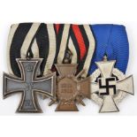 A group of 3 Imperial German/Third Reich medals: 1914 Iron Cross 2nd class, 1914-18 bronze Honour