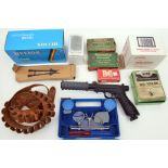 A small quantity of shooting and reloading accessories etc: pair of Champion shooting glasses in
