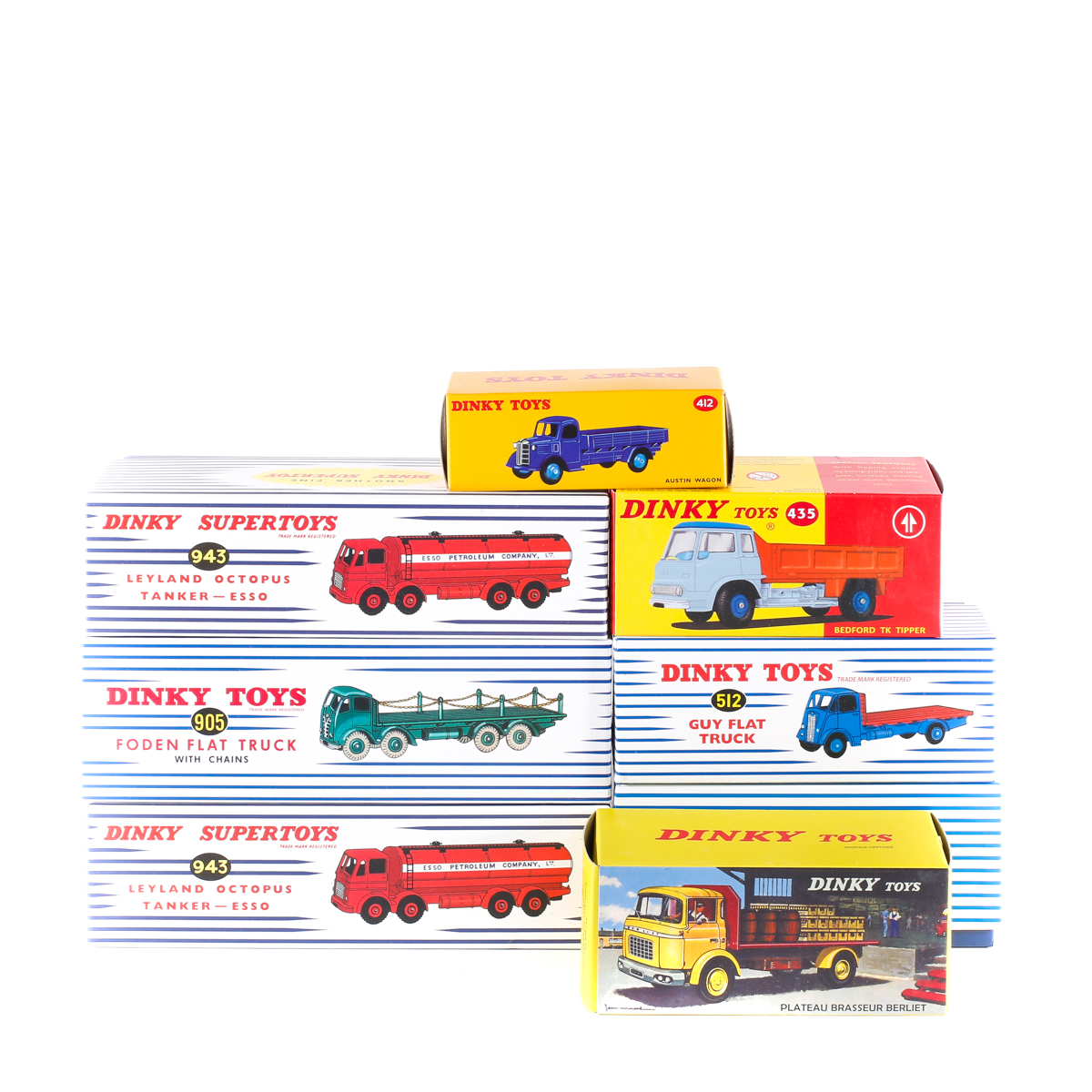 9 Atlas Dinky Toys. Austin Wagon (412) in yellow with bright green wheels. Bedford TK Tipper (435)