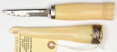 A small 19th century Scandinavian hunting knife, plated, facetted SE blade 3½”, whale ivory grip,