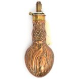 A waisted copper powder flask “foliage” (Similar Riling 660 without rings), brass top marked “