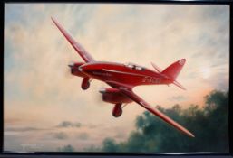 An oil painting on canvas of a DH 88 Comet plane by Charles Thompson (member of the Guild of