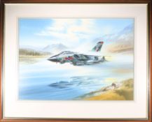 A watercolour of an RAF Tornado fighter/bomber. In high speed low level flight over water probably