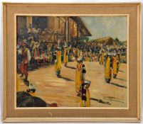 An oil painting on canvas “Khasi Dancers” by Sarah G. Adamson, signed and dated, 1937, showing