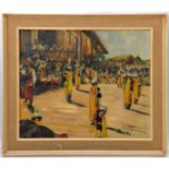 An oil painting on canvas “Khasi Dancers” by Sarah G. Adamson, signed and dated, 1937, showing