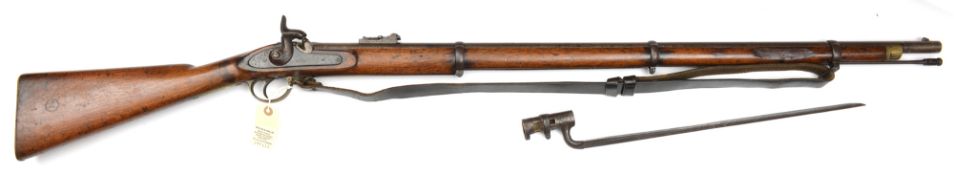 A .577” Enfield 3 band percussion rifle, 54½” overall, barrel 38¼” with 3 groove rifling, the lock