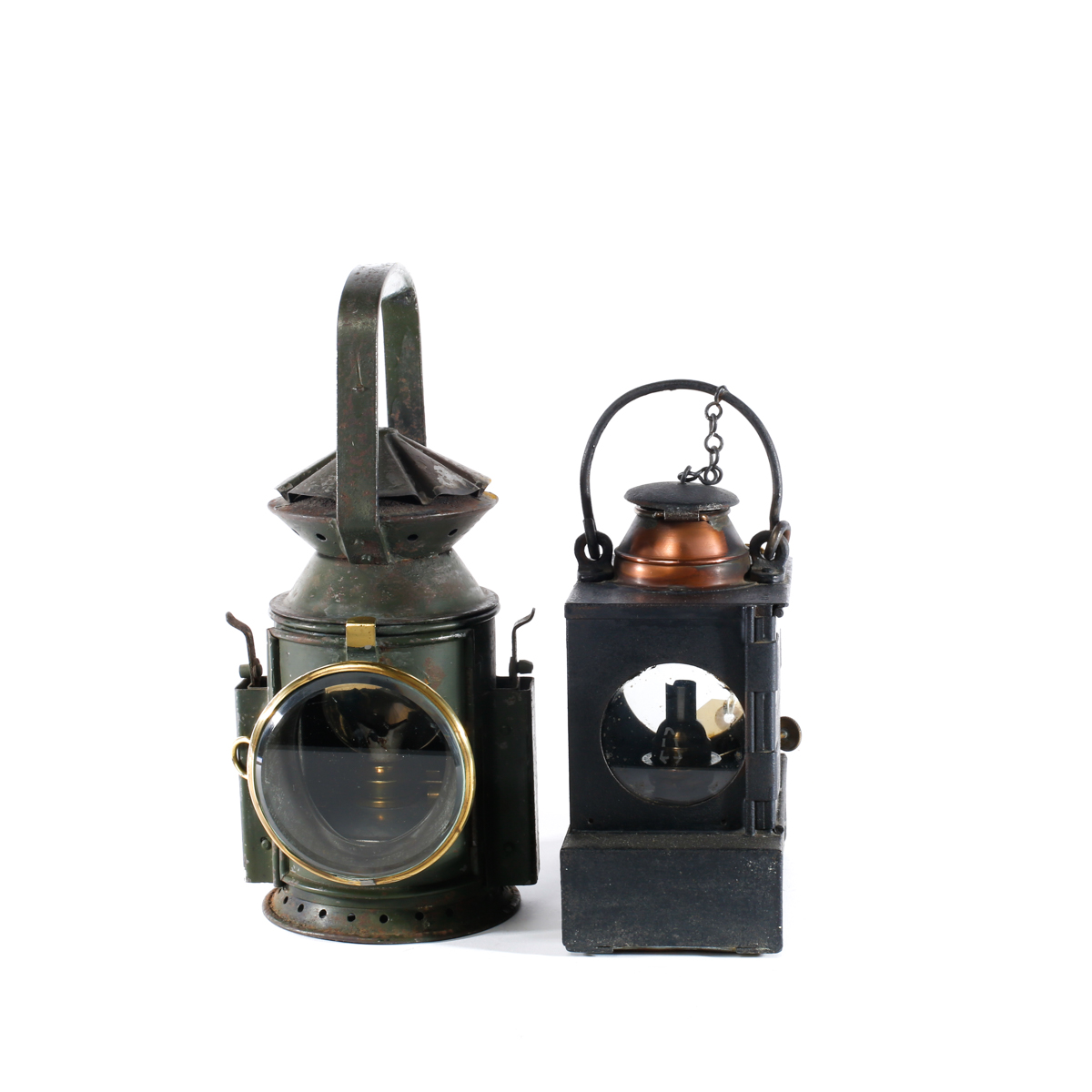 2 Railway Hand Lamps. A W.D. 3-aspect example, plated 'Wakefields Birmingham 1945'. In dark green.