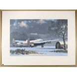 A watercolour painting of an RAF Avro Lancaster. A winter scene with a snow covered aircraft sitting