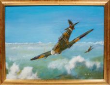 An oil painting on board entitled 'Rhubarb' by Charles Manetta (member of the Guild of Aviation
