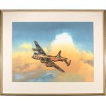 A watercolour painting of a WW2 Avro Lancaster bomber. In flight above a cloud formation, aircraft
