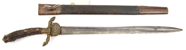 A late 19th century German hunting sword, blade 16½”, SE for top half, with prominent pipe ;back