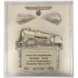 A well detailed Third Reich presentation plaque for 25 years in the state railways Choral Society,
