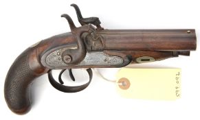 A DB 42 bore percussion travelling pistol, c 1840, 8½” overall, barrels 4”, the locks with scroll
