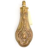 A copper powder flask “Panel” (Riling 553), brass top marked “G & JW Hawksley, Sheffield” (spring